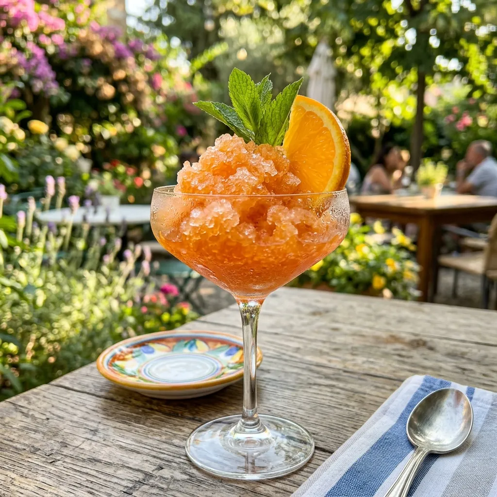 Glitzernde orange Aperol Spritz Granita in einem Glas mit einer Orangenscheibe, vor einer sonnigen Sommergartenkulisse