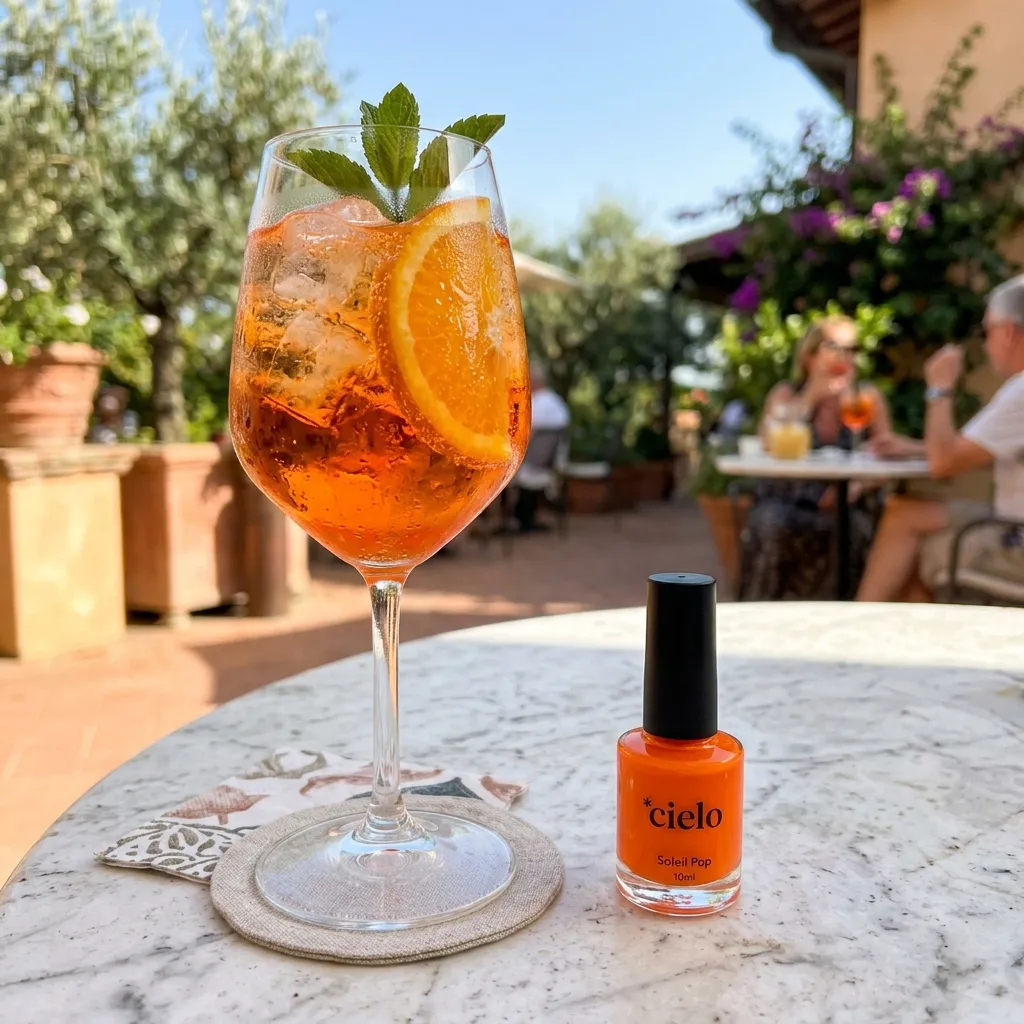 Szklanka pomarańczowego drinka Aperol Spritz stojąca na jasnym stoliku obok małej buteleczki dopasowanego pomarańczowego lakieru do paznokci