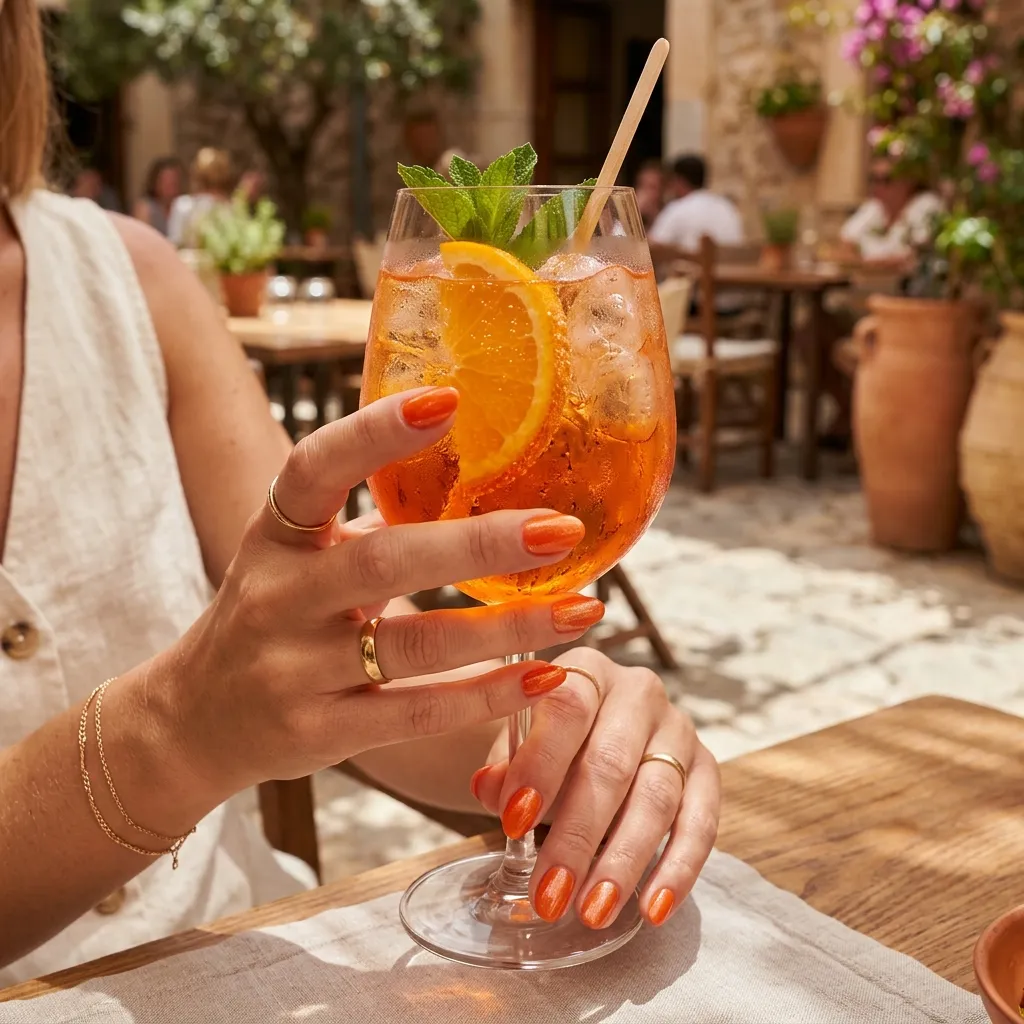 Dłonie kobiety z soczyście pomarańczowym błyszczącym manicure w stylu Aperol Spritz nails trzymające kieliszek z drinkiem i pomarańczą