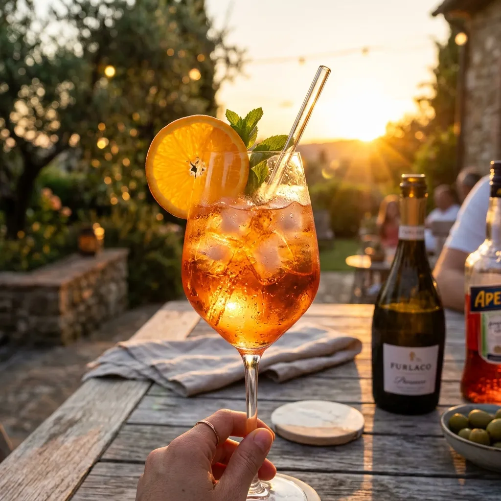 Szklanka pomarańczowego drinka Aperol Spritz z plasterkiem pomarańczy i lodem na tle letniego zachodu słońca