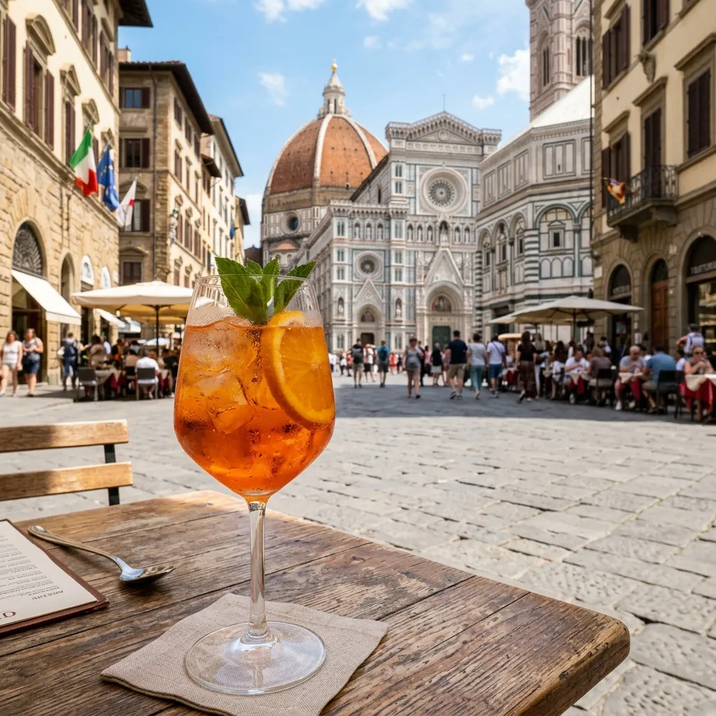 Colorful Aperol Spritz against a backdrop of a European old town square with cobblestone streets