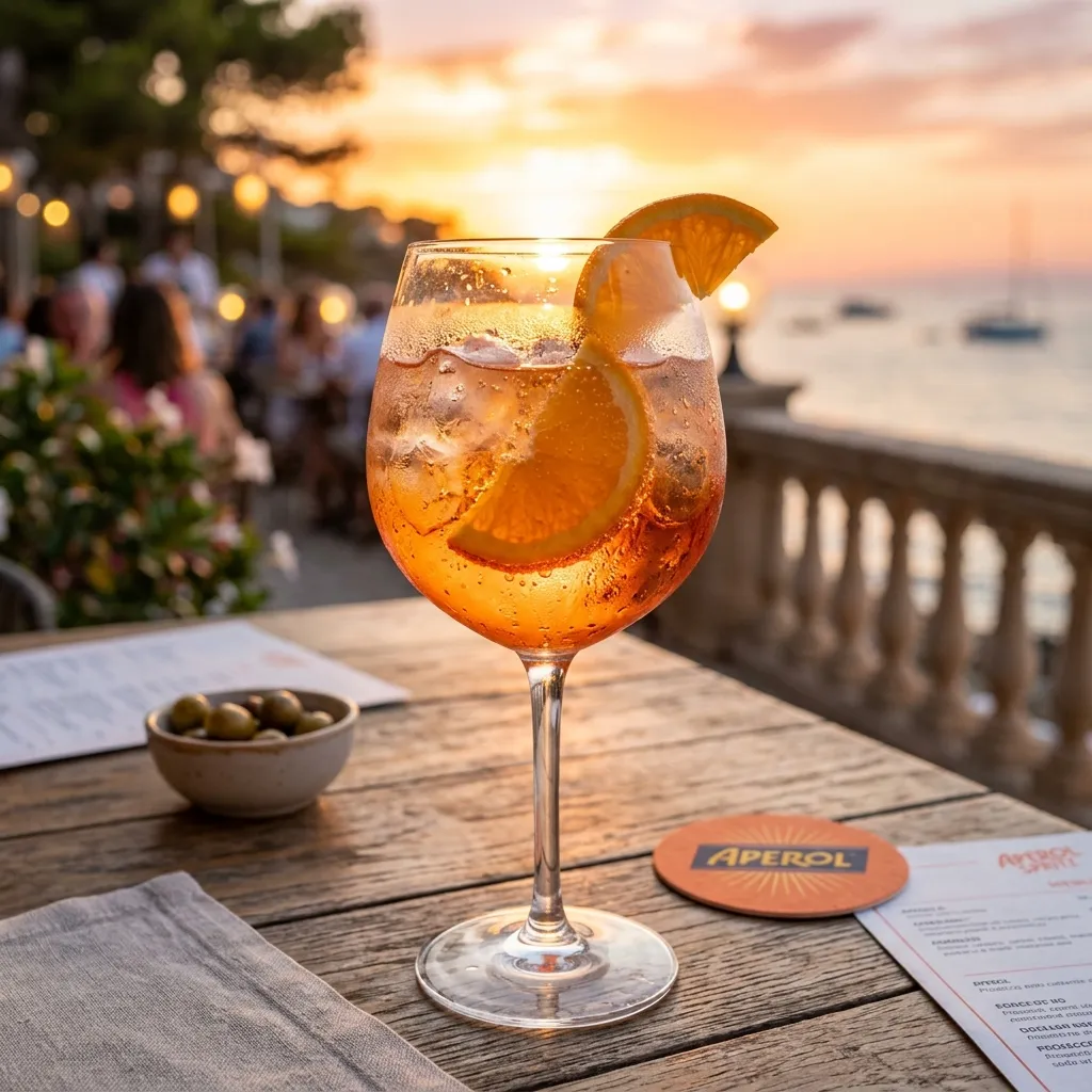 Klasyczny drink Aperol Spritz w dużym kieliszku z lodem i plasterkiem pomarańczy na tle ciepłego zachodu słońca na letnim tarasie restauracji