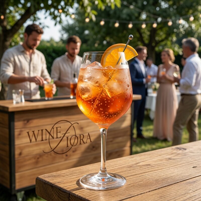 Klasyczny drink Aperol Spritz z lodem i plastrem pomarańczy serwowany z mobilnego baru