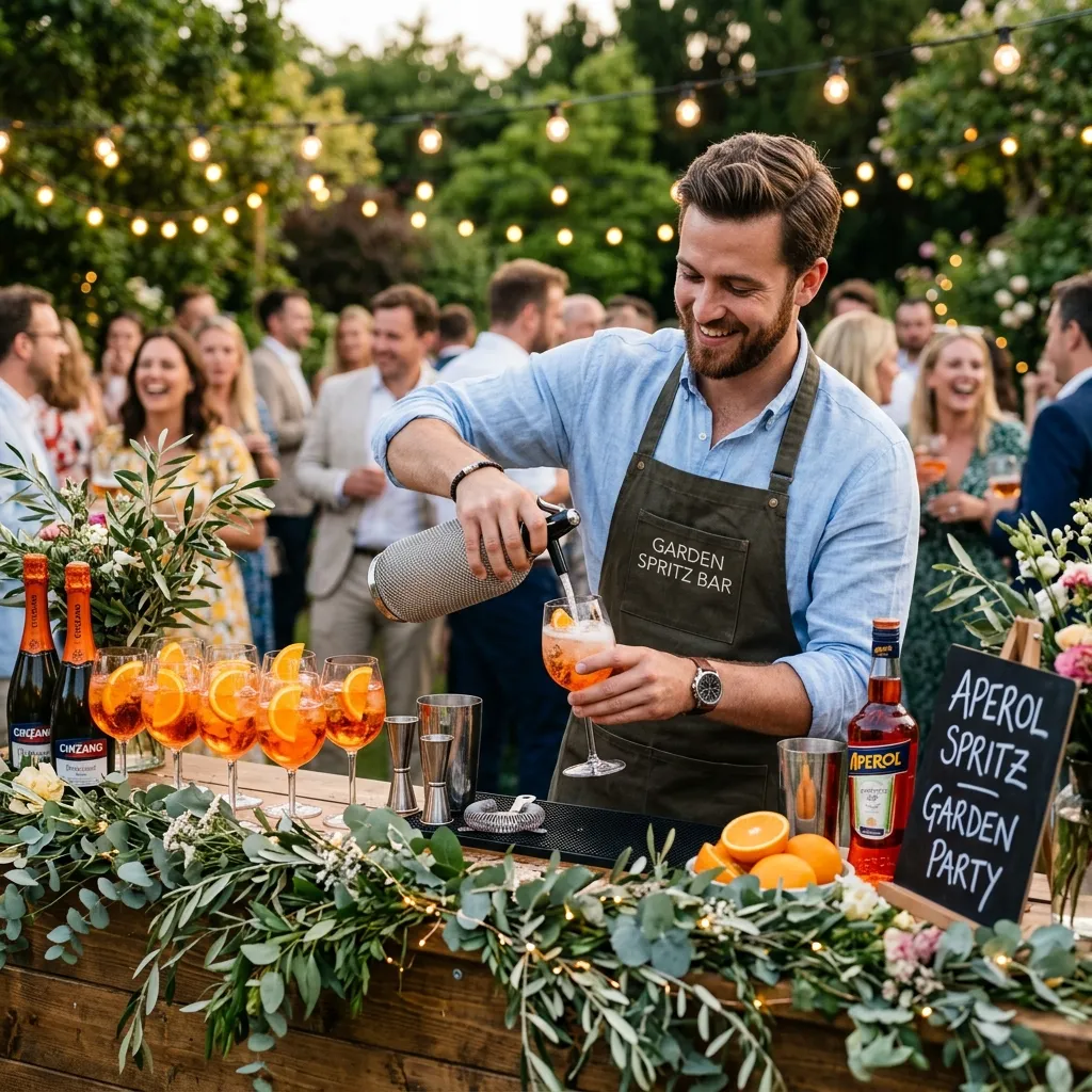 Uśmiechnięty barman przygotowujący drinki Aperol Spritz za mobilnym barem podczas imprezy plenerowej w ogrodzie