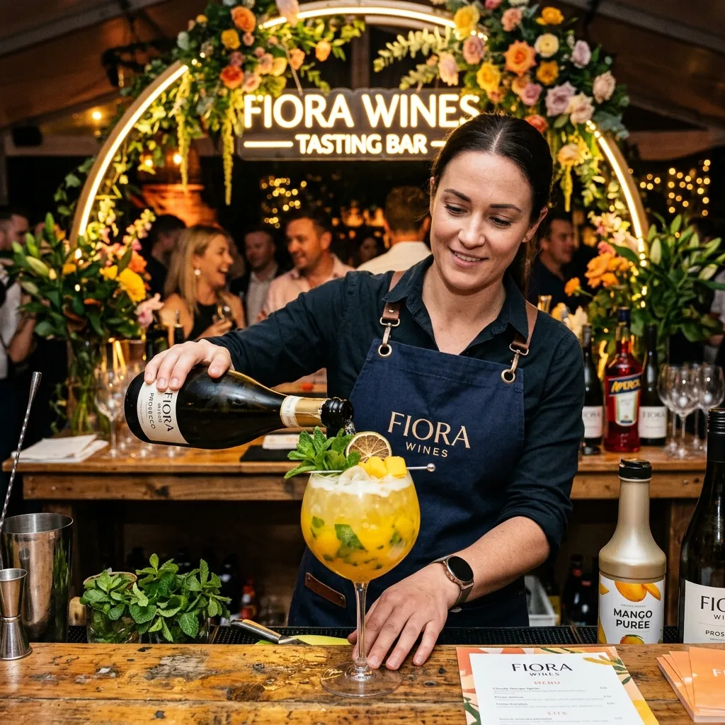 Barman Fiora Wines w czarnym fartuchu przygotowujący egzotyczny drink Mango Spritz na tle dekoracji scenicznej