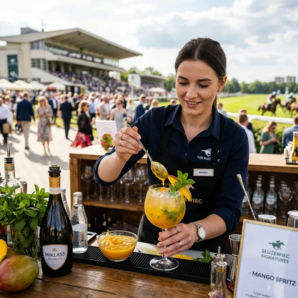Professional bartender preparing Mango Spritz at Służewiec Racecourse