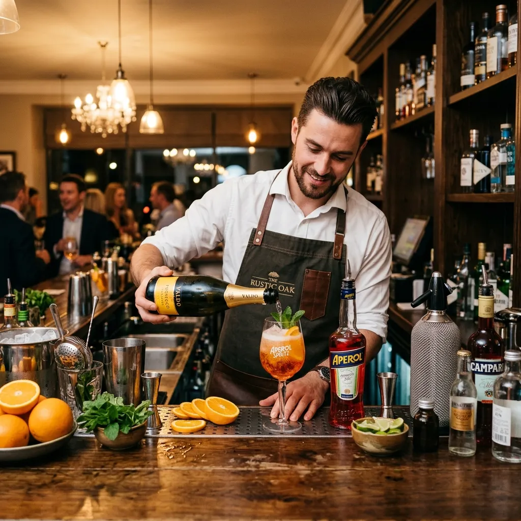 Profesjonalny barman w eleganckiej koszuli nalewający prosecco do kieliszka z Aperol Spritz na drewnianym barze podczas eventu