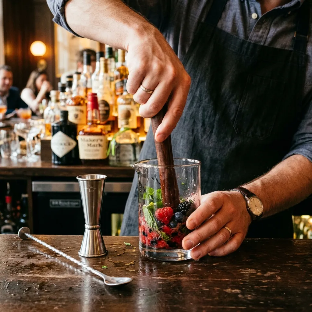 Barman przygotowujący koktajl z użyciem świeżych owoców leśnych i mięty za luksusowo oświetlonym barem