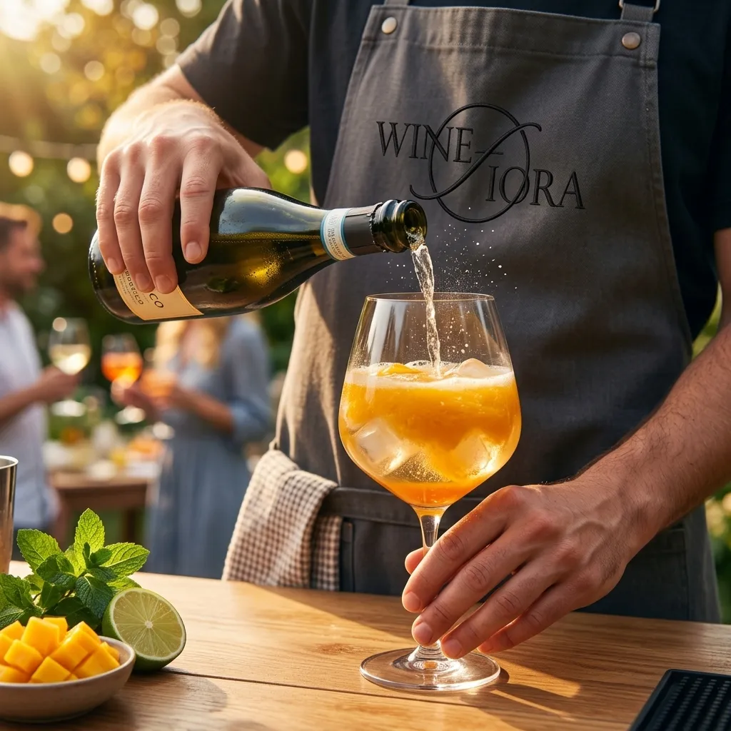 Zbliżenie na dłonie wykwalifikowanego barmana w fartuchu z logo Fiora Wines nalewającego Prosecco do kieliszka z Mango Spritz i lodem podczas imprezy plenerowej