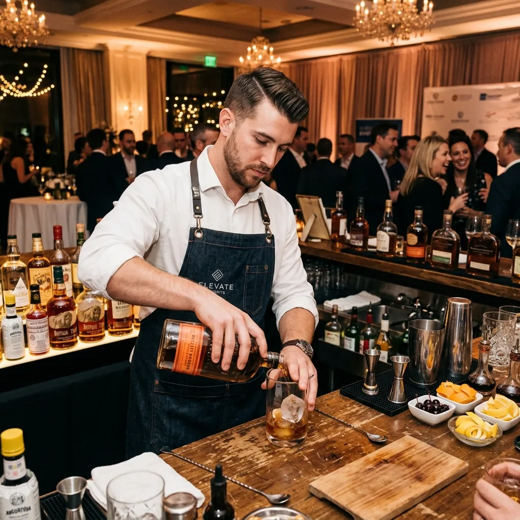 Fiora Wines Barkeeper bei der Zubereitung von Cocktails auf einer Firmenveranstaltung — Spirituosen, Bitters und klassische Techniken