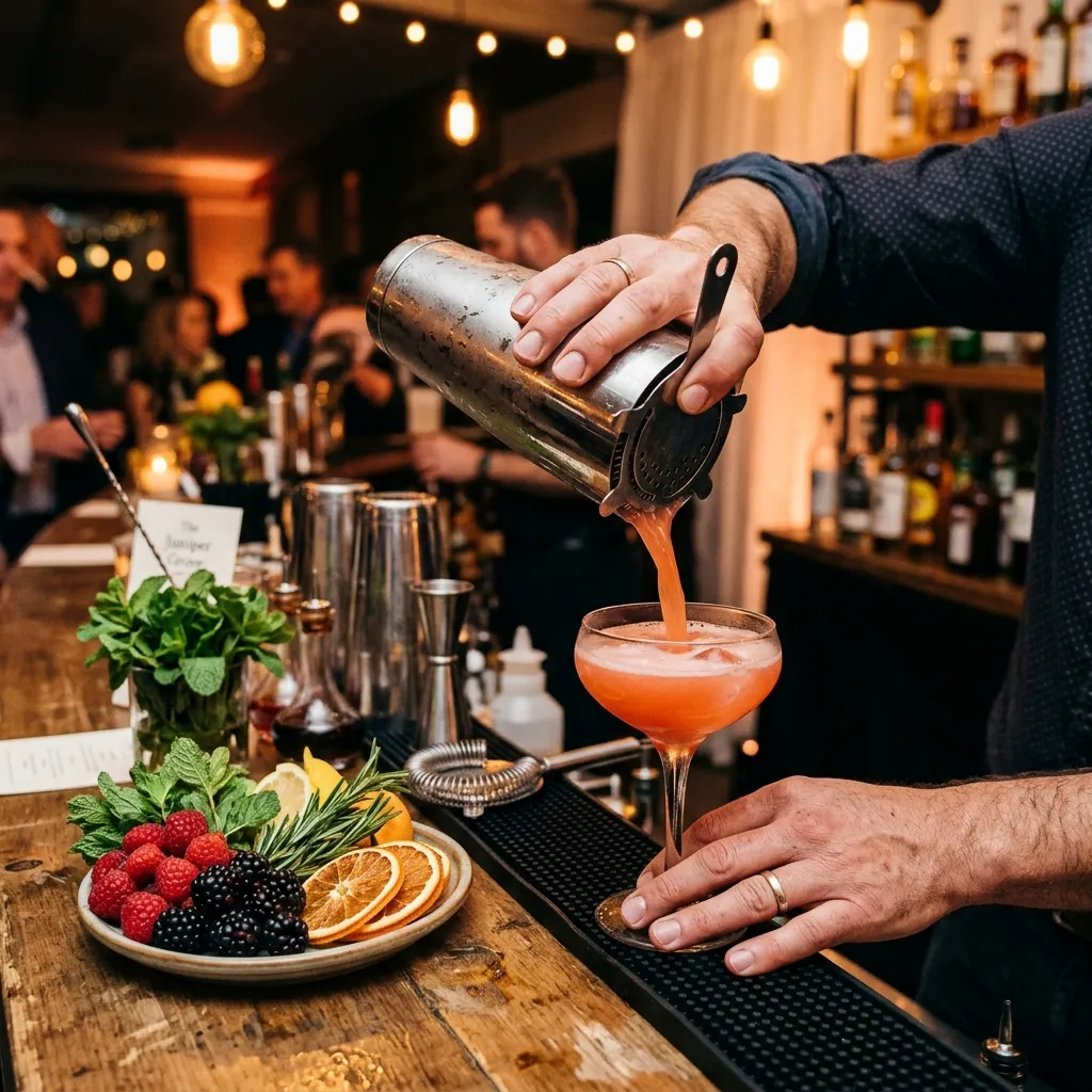 Barkeeper mixt Signature-Cocktails bei einer Firmenveranstaltung — professioneller Bar-Service in Aktion