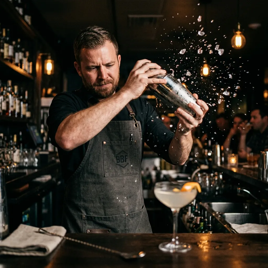Dłonie barmana Fiora Wines energicznie wstrząsającego metalowy shaker barmański podczas przygotowywania drinka Espresso Martini