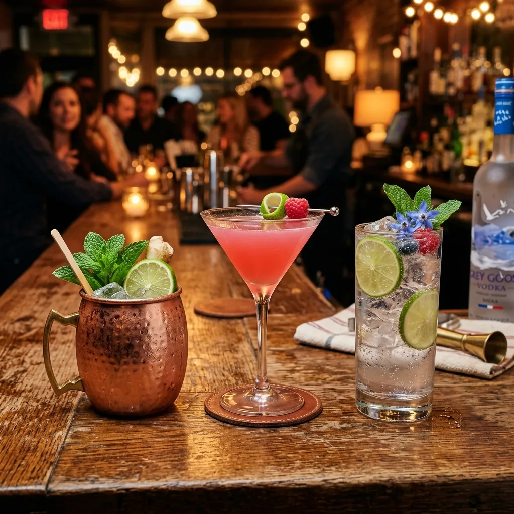 Kolorowe drinki z wódką w tym Moscow Mule w miedzianym kubku i Cosmopolitan w szkle martini ustawione na drewnianym blacie baru Fiora Wines