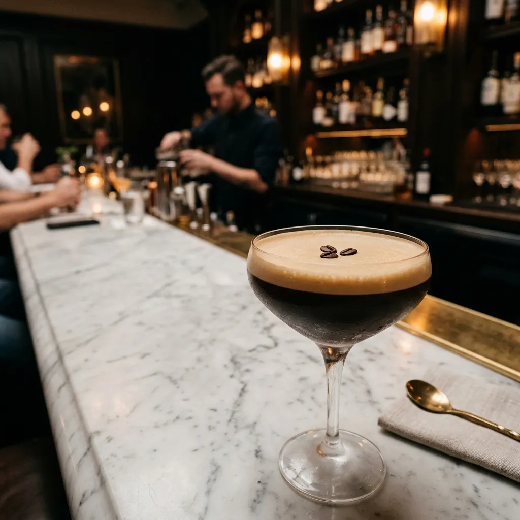 Klasyczny drink Espresso Martini w szkle coupe z puszystą pianką i ozdobiony trzema ziarnami kawy na marmurowym blacie
