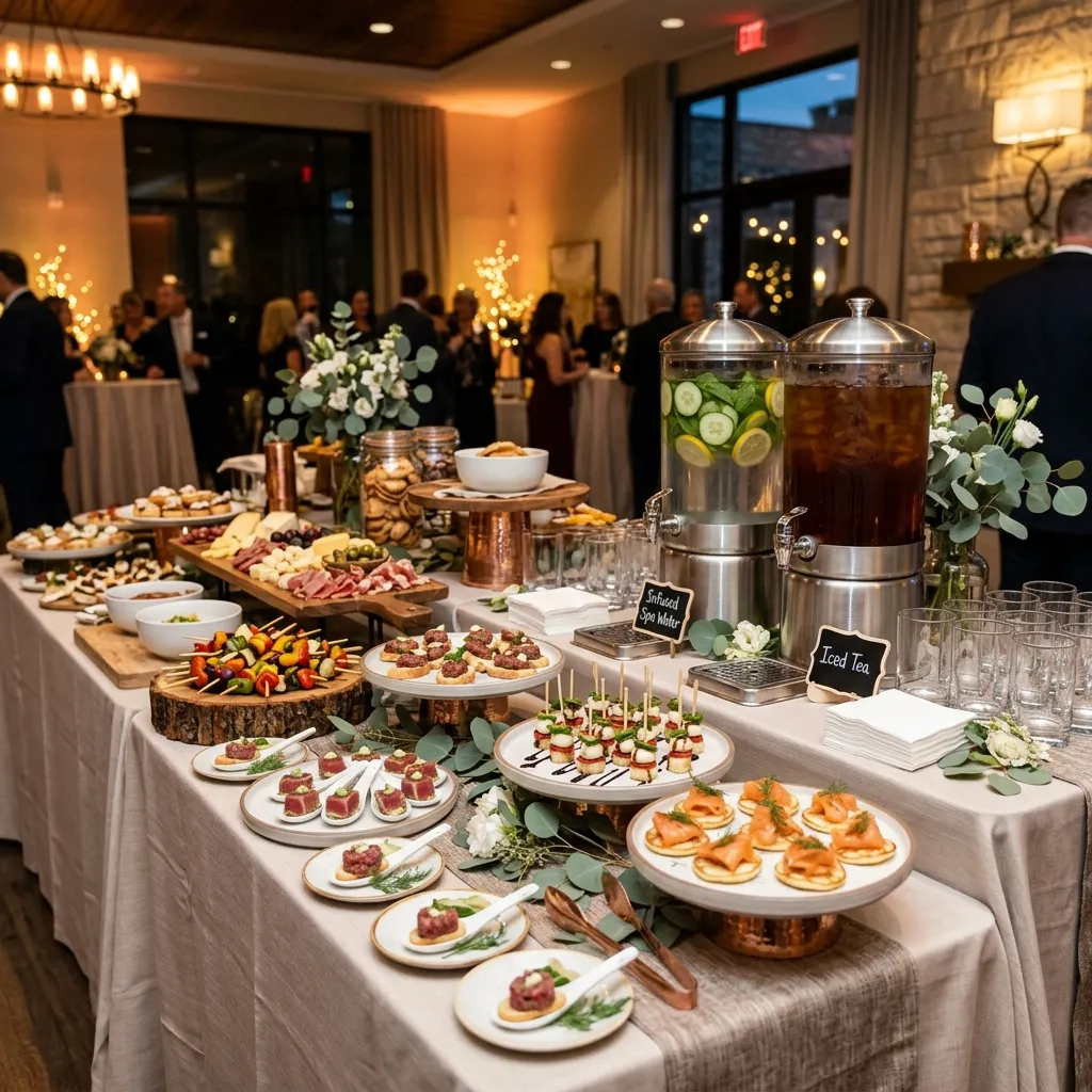Professionelles Event-Catering — ein elegant gedeckter Buffet-Tisch bei einer Firmenveranstaltung