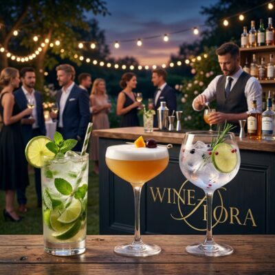 Kolorowe koktajle i drinki przygotowane przez barmana na stoisku barowym na wesele