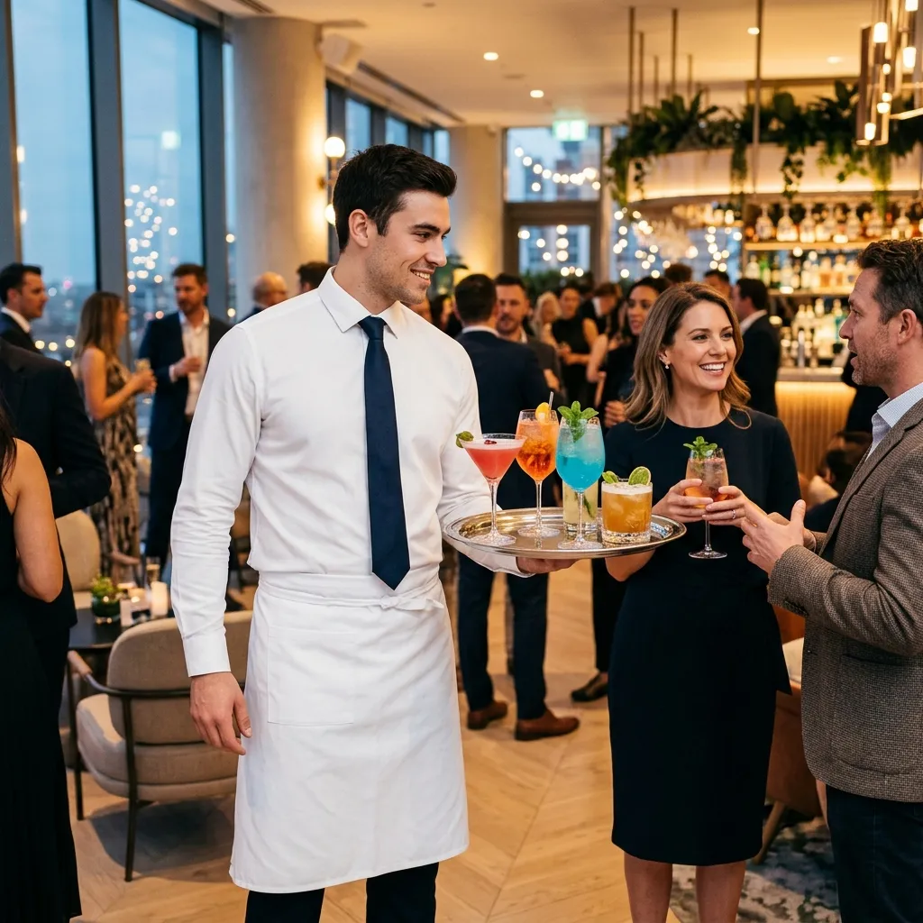 Professioneller Bar-Service bei einem Firmenevent — Barkeeper mixt bunte Cocktails für Gäste