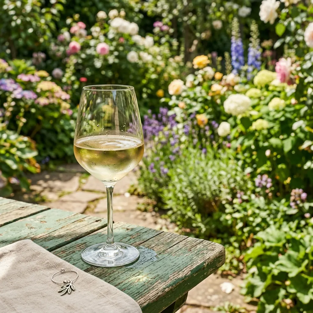A glass of white wine on a green garden table with summer flowers