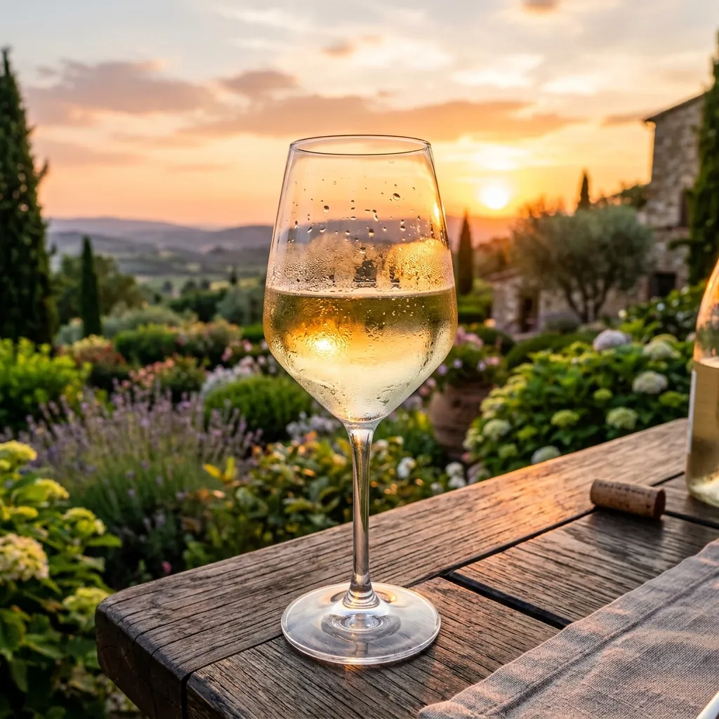 A glass of crisp white wine against a golden summer sunset backdrop