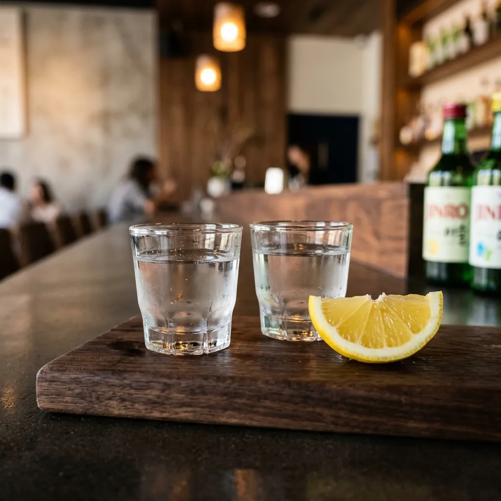 Dwa klasyczne przezroczyste kieliszki soju na ciemnej drewnianej desce obok soczystego plasterka cytryny