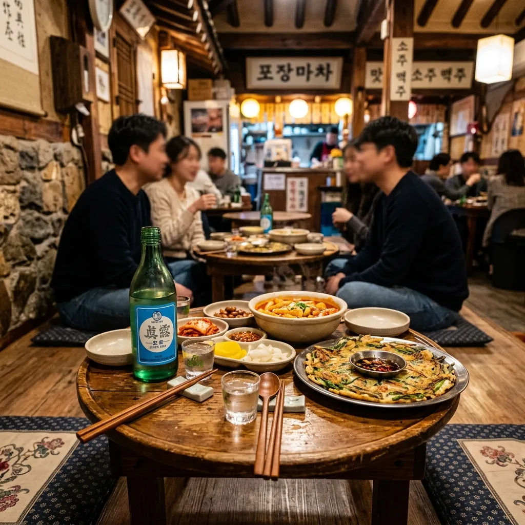 Tradycyjny stół w koreańskiej restauracji z butelką soju, kieliszkami i talerzami z przekąskami anju