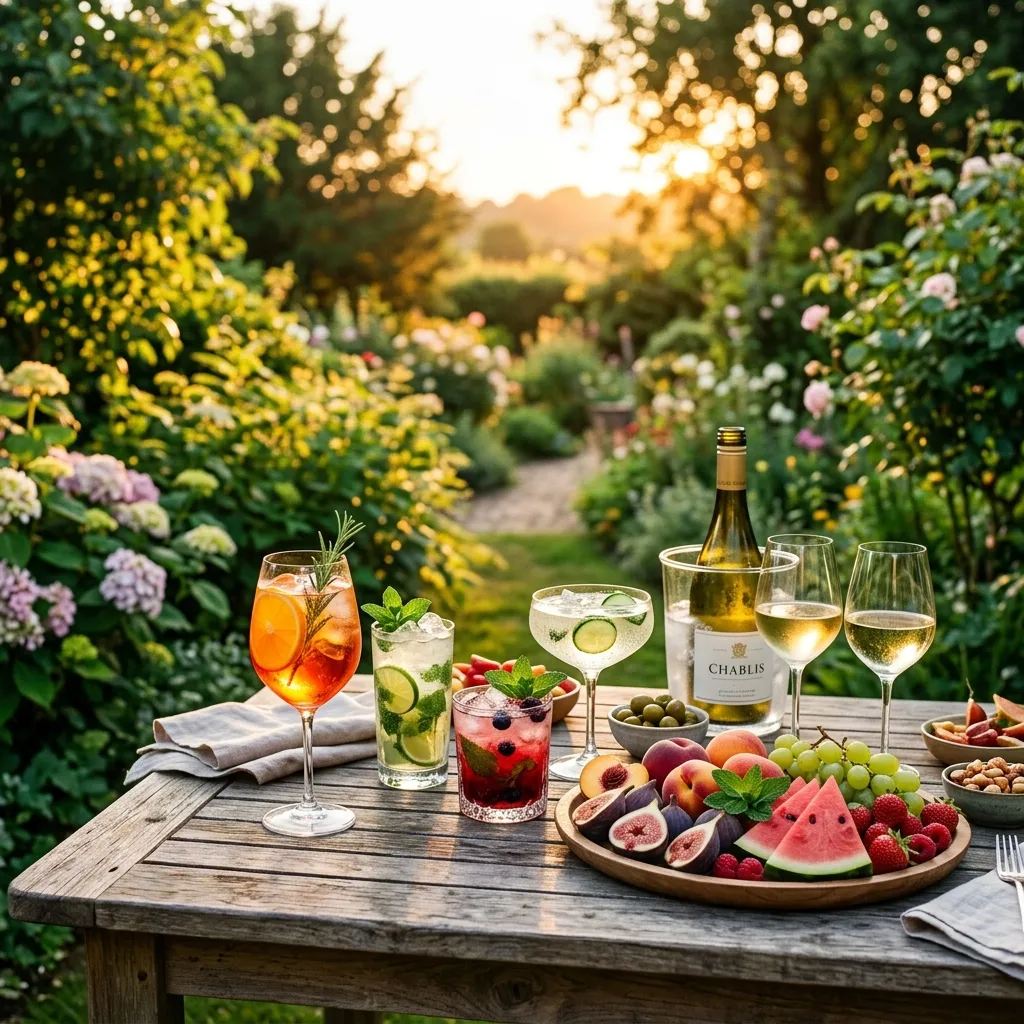 Colorful summer cocktails and wines on a garden table at golden hour
