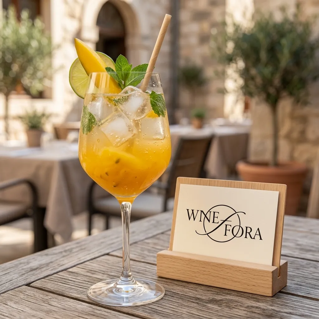 Orzeźwiający drink Mango Spritz w kieliszku z lodem i plasterkiem świeżego mango na stole na słonecznym letnim tarasie restauracji Fiora Wines