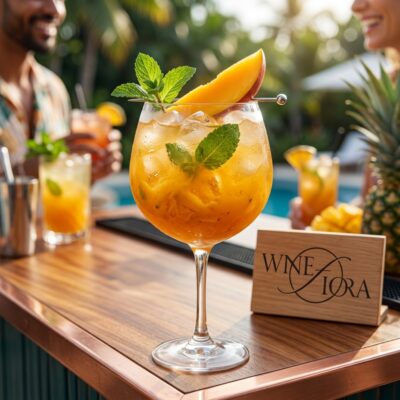 Autorski drink Mango Spritz z miętą i świeżym owocem mango w kieliszku