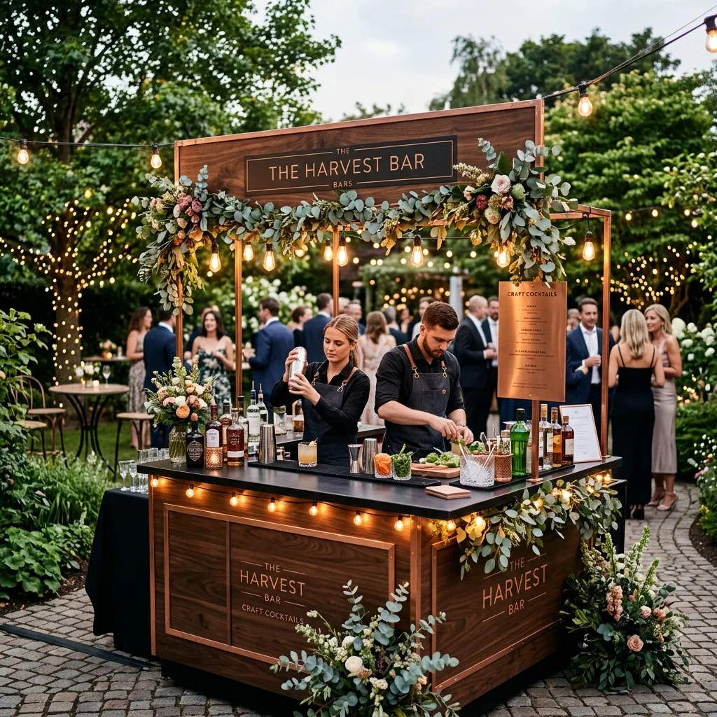 Elegant cocktail bar at a corporate garden party with guests mingling