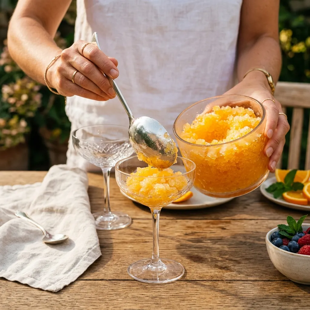 Hände, die glitzernde Granita mit einem großen Löffel in Glaskupes auf einem Holztisch mit Sommerdeko portionieren