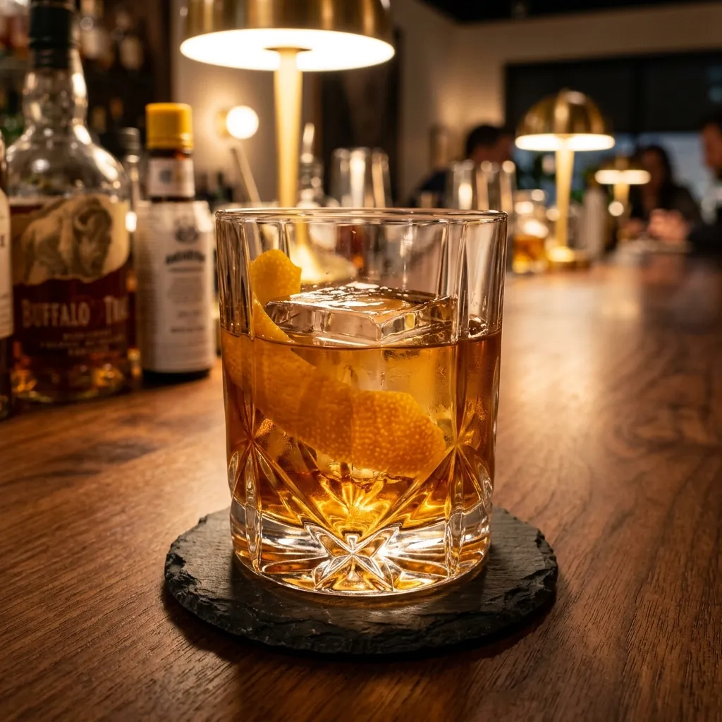 Ein klassischer Old Fashioned im Rocks-Glas mit einer großen Eiswürfel und Orangenzeste