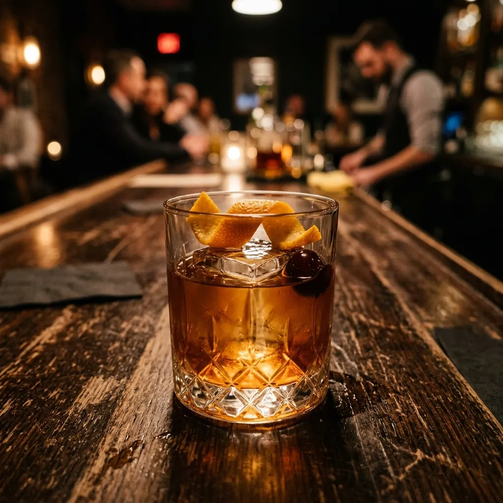 Ein klassischer Old Fashioned mit Cocktailscherise und Orangenzeste auf einer dunklen Theke