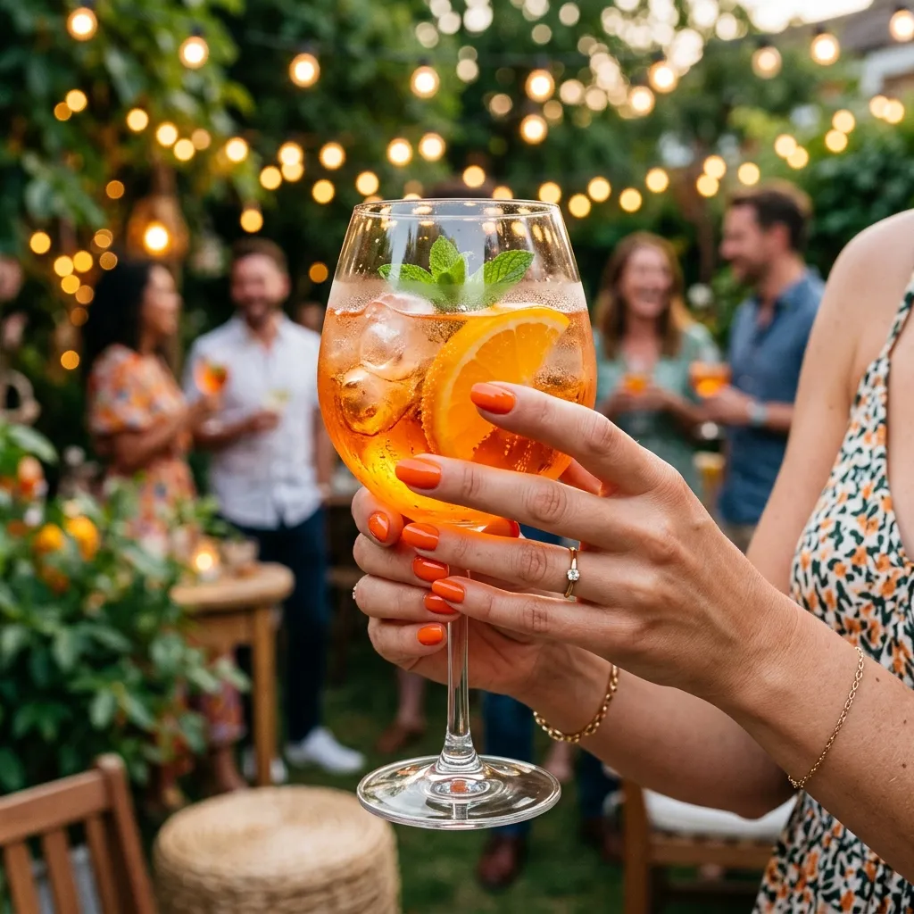Orangen Nagellack inspiriert vom ikonischen Aperol Spritz-Cocktail bei einer Sommerparty