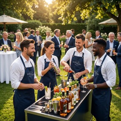 Profesjonalny zespół barmański Fiora Wines obsługujący mobilny bar spritz na evencie