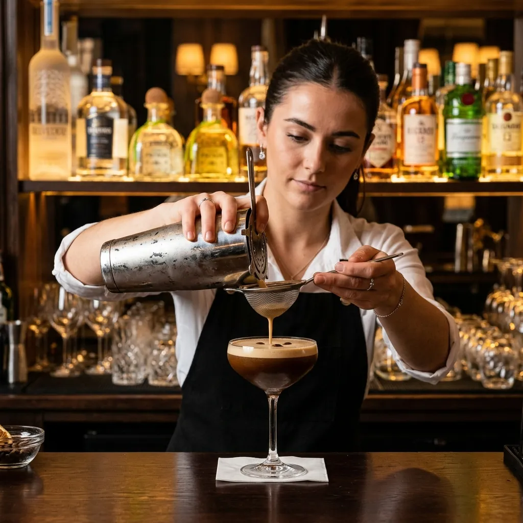 Zbliżenie na barmana nalewającego Espresso Martini ze stalowego shakera do kieliszka barowego w klimatycznie oświetlonym barze