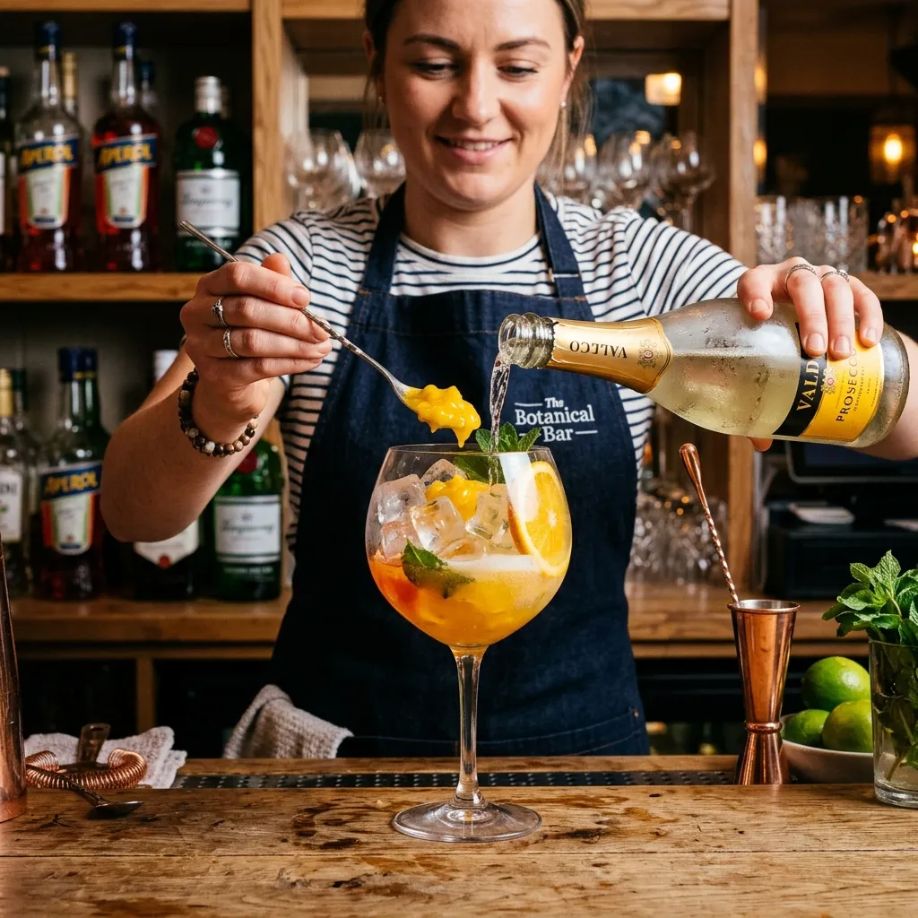 Barman przygotowujący tropikalny koktajl Mango Spritz dodając pulpę z owocu mango i nalewający prosecco do kieliszka z lodem