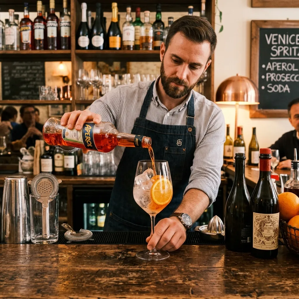 Zbliżenie na dłonie profesjonalnego barmana wlewającego pomarańczowy aperitif z butelki do kieliszka z lodem podczas przygotowywania drinka Venice Spritz
