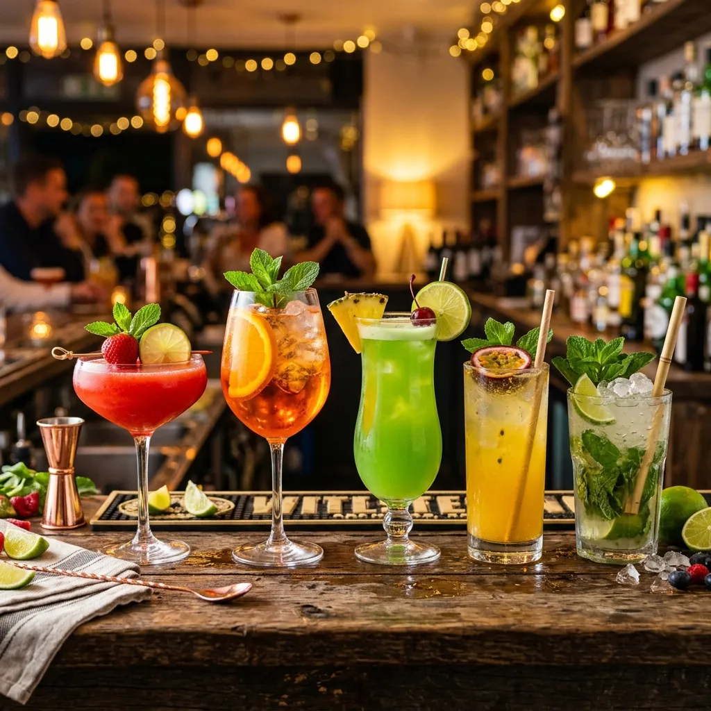 Colorful Aperol Spritz and Mango Spritz on a wooden board with fresh fruits