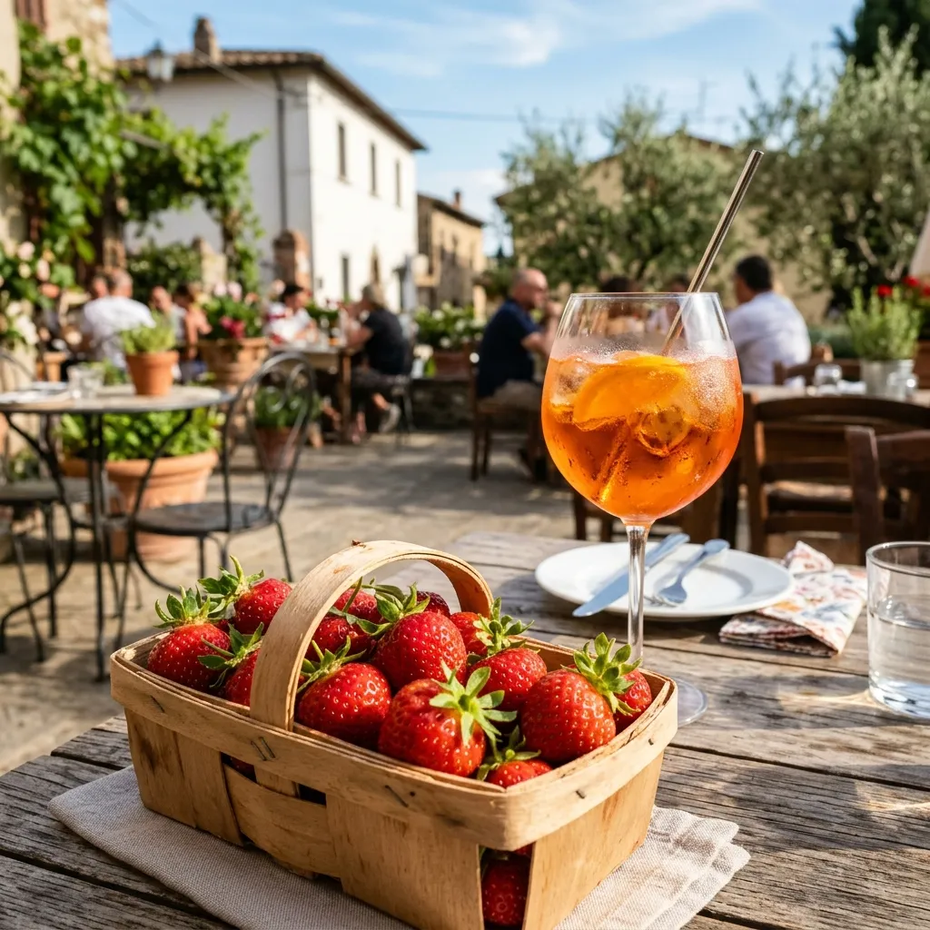 Świeże czerwone truskawki w drewnianym koszyczku na stole na letnim tarasie obok drinka Aperol Spritz