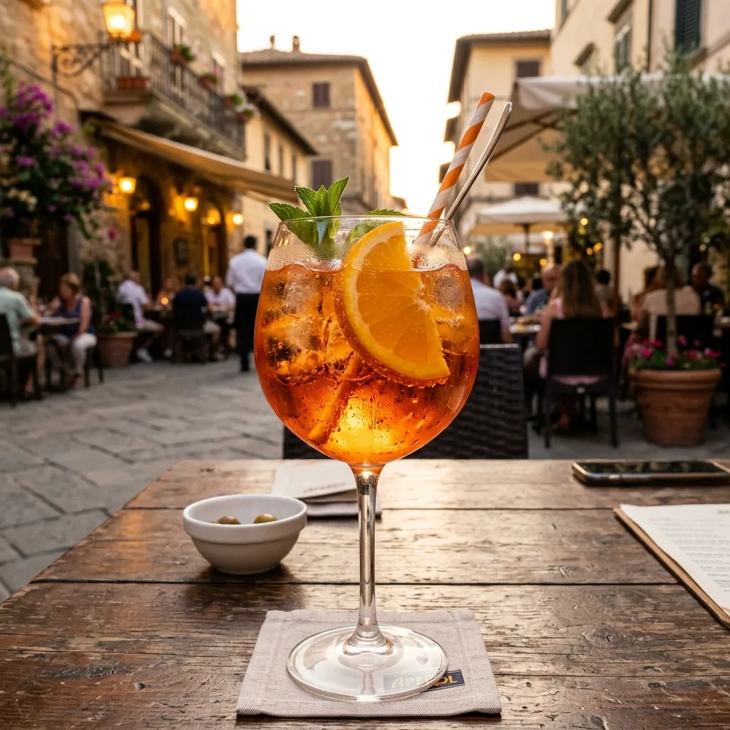Three glasses of Aperol Spritz on a bar counter with a golden sunset glowing behind them