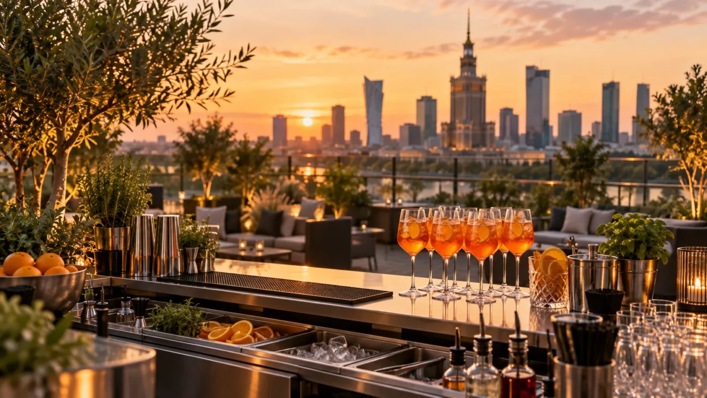 Mobilny bar aperitivo z pomarańczowymi drinkami na tarasie biurowym, bez osób