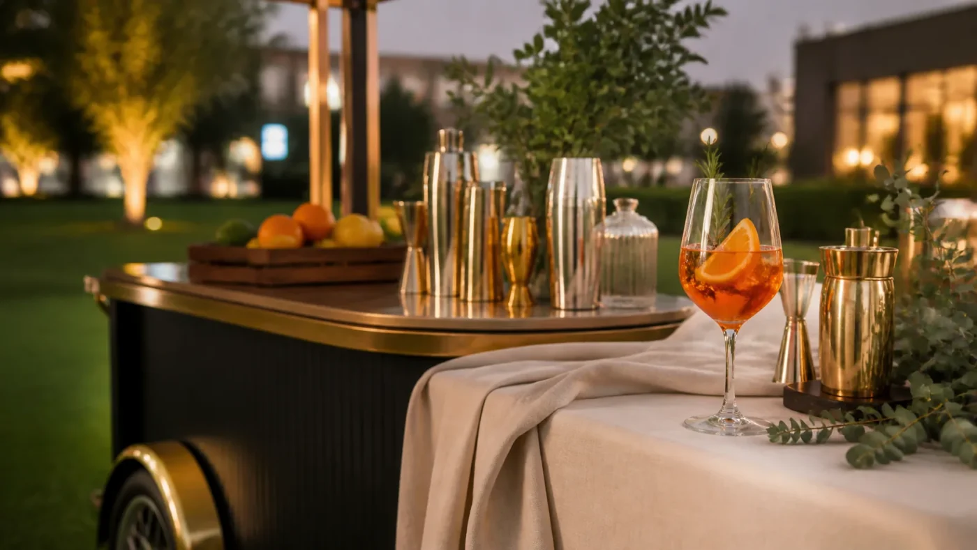 Mobilny bar aperitivo z koktajlem Spritz, cytrusami i akcesoriami barmańskimi