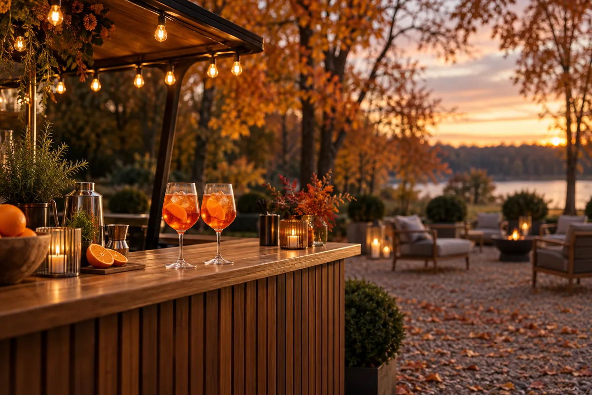 Mobilny bar aperitivo z pomarańczowymi drinkami podczas jesiennego eventu plenerowego, bez osób