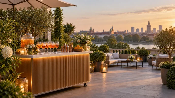 Mobilny bar aperitivo z pomarańczowymi drinkami na eleganckim jubileuszu firmy w Warszawie, bez osób