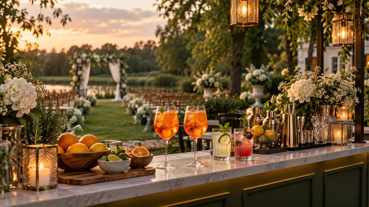 Elegancki mobilny bar aperitivo z pomarańczowymi drinkami, cytrusami i kwiatami w ogrodowej scenerii, bez osób