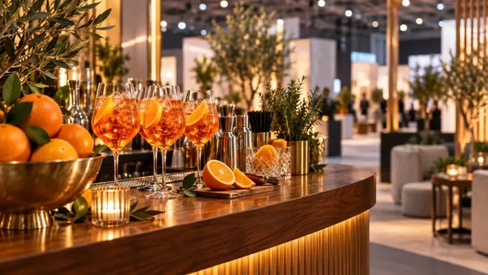 Mobilny bar aperitivo z pomarańczowymi drinkami na targach w Warszawie, bez osób