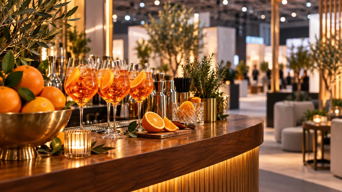 Mobilny bar aperitivo z pomarańczowymi drinkami na targach w Warszawie, bez osób