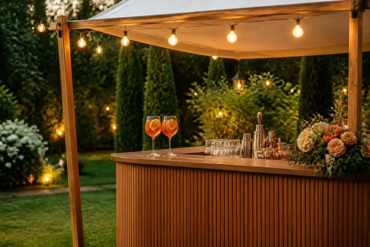 Mobilny bar aperitivo pod zadaszeniem na weselu plenerowym w ogrodzie pod Warszawą