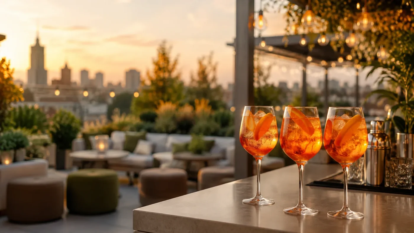 Strefa aperitivo z trzema pomarańczowymi koktajlami na firmowym evencie plenerowym w Warszawie