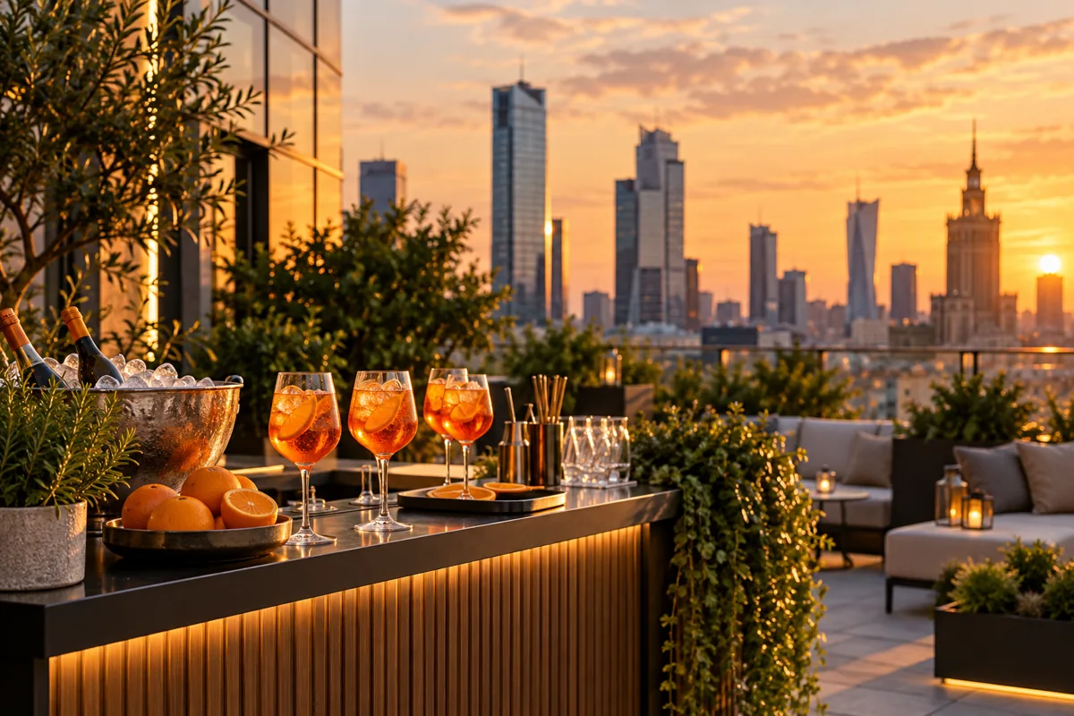 Mobilny bar aperitivo na tarasie biurowym w Warszawie, bez widocznych twarzy